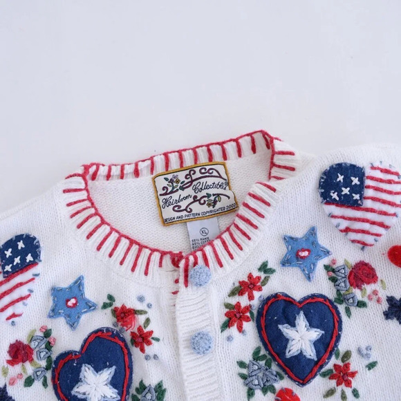 Vintage Heirloom White Embroidered Patriotic Floral and Hearts USA Cardigan XL - Picture 11 of 13